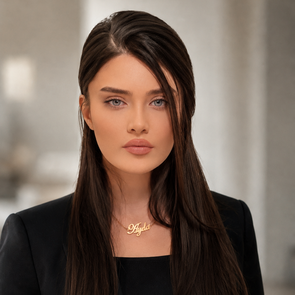 Portrait of Ayda Lotfi Hayaei, cropped from the original photograph without facial or jewelry alteration